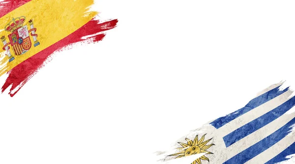 Flagi Hiszpanii i Urugwaju na białym tle — Zdjęcie stockowe